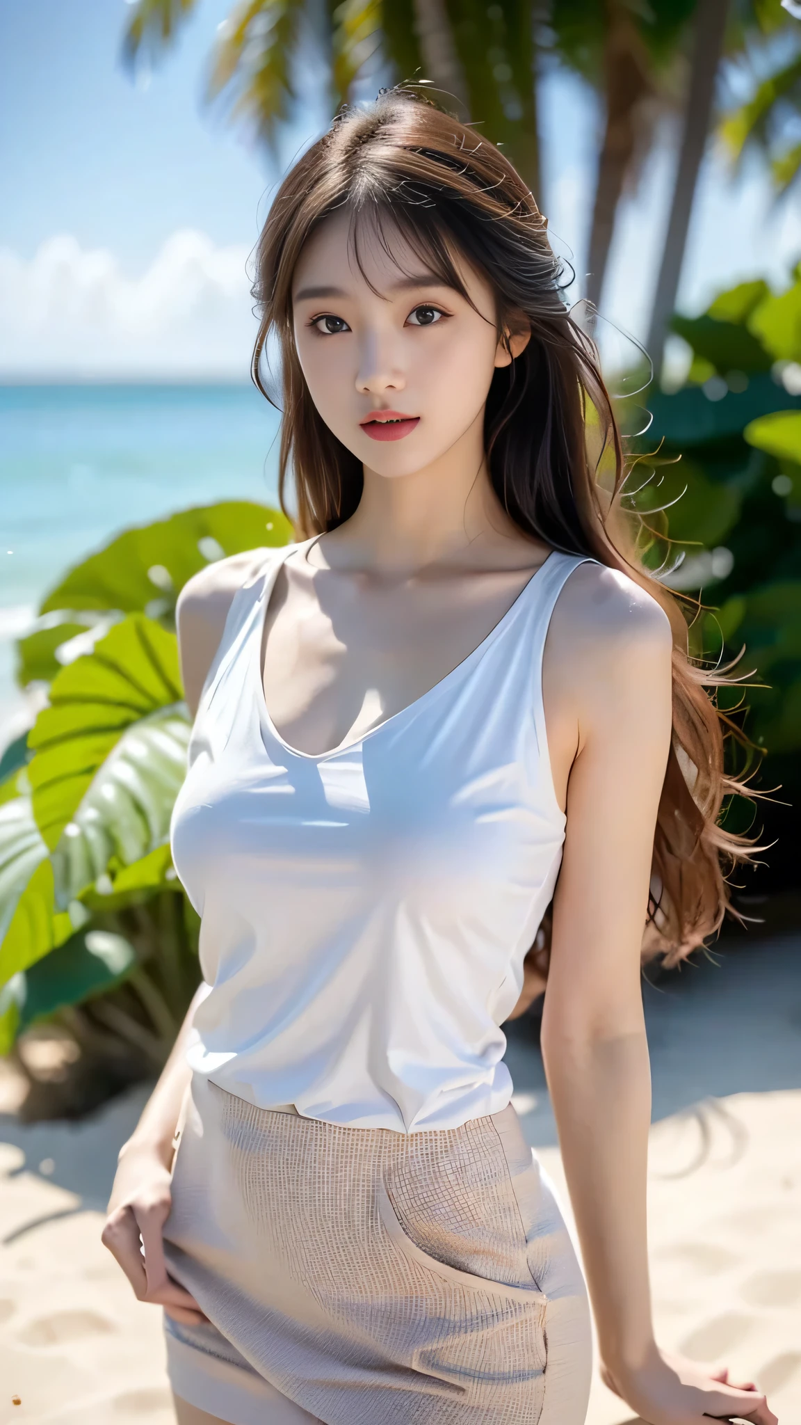 Ultra-detailed 8K photos of Japanese gravure models,Shoulder-length wavy hair and striking hazel eyes. She strikes a seductive pose on a tropical beach, dress chicly black and white, Vest, mini skirt, when she naughtily, Looking at the camera, Surrounded by peaceful and beautiful ocean and palm trees