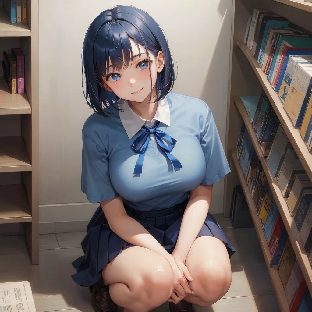 1. High school girl 17-year-old female Bobcut dark blue hair color High School Uniform Light blue Y-shirt Short sleeve Blue Ribbon dark blue hair color Slim figure Large Breasts Full body portrait School library Smiling Kindly Laugh a little library Hand Signs squat Kneel Look up here