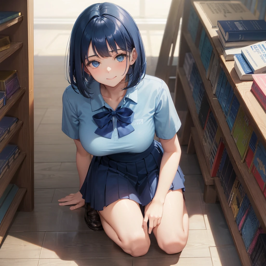 1. High school girl　17-year-old female　Bobcut　dark blue hair color　High School Uniform　Light blue Y-shirt　Short sleeve　Blue Ribbon　dark blue hair color　Slim figure　Large Breasts　Full body portrait　School library　Smiling Kindly　Laugh a little　library　Hand Signs　squat　Kneel　Look up here　