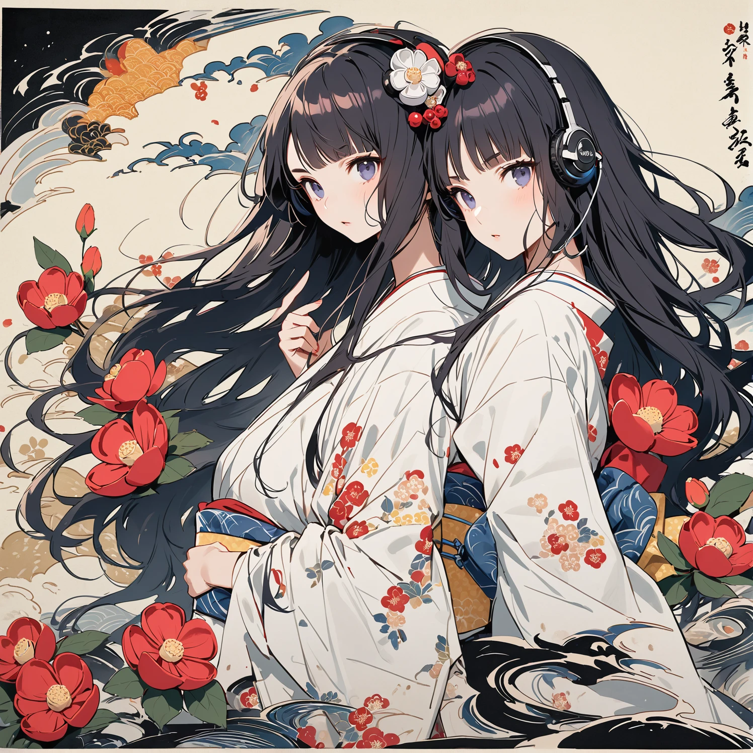 Highest quality, Katsushika Hokusai, Ink Painting, (((longhair))), (((White kimono))), Japanese style headphones, camellia, beautiful girl, Black Hair, Delicate and precise, Modern ukiyo-e style,