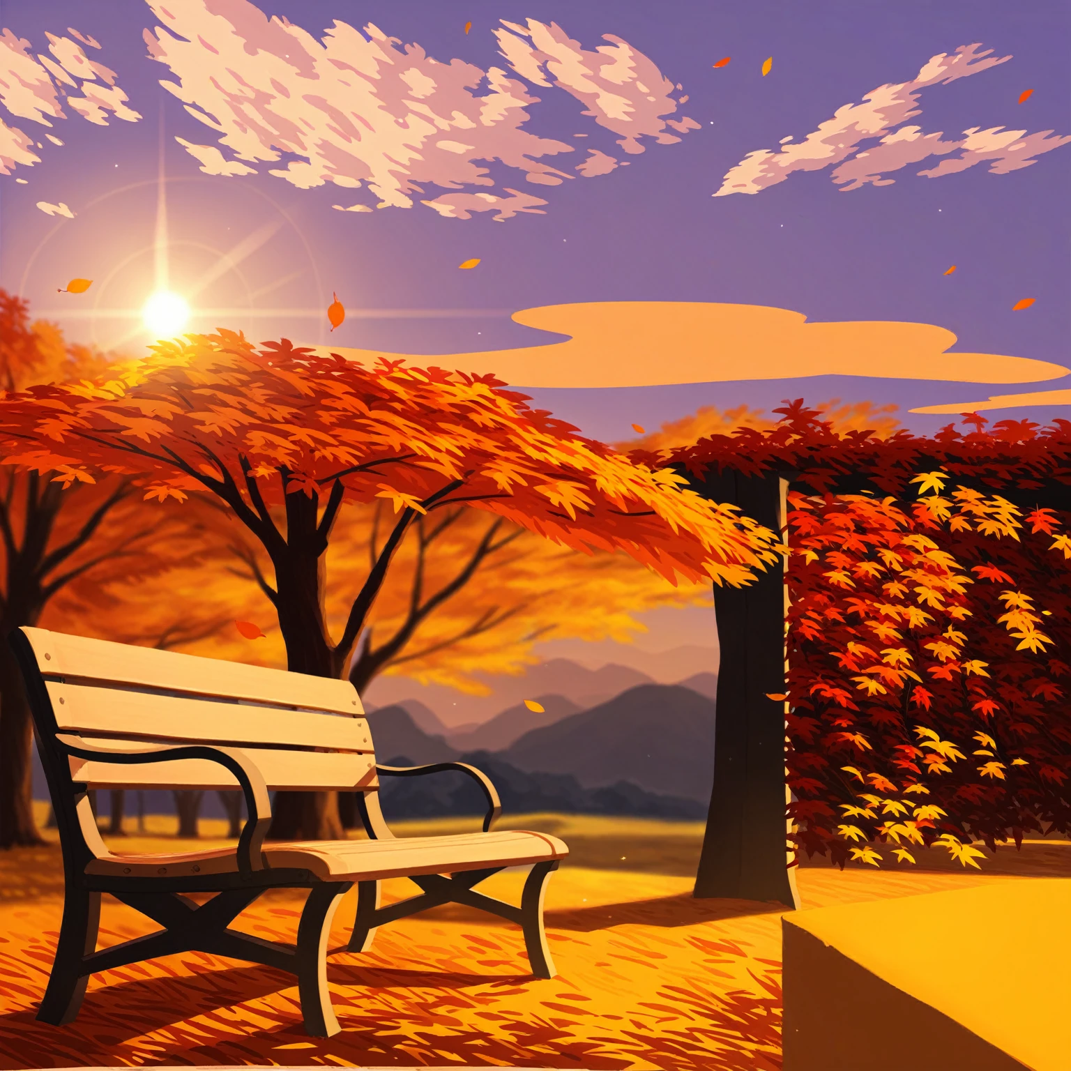 (Highest quality, High resolution), Vibrant colors,Low - Angle,
(古びたwood製のベンチ:1.3),Fascinating and enchanting autumn scenery. Warm earth tones, Soft and natural lighting.Autumn leaves background, Vibrant colorsの葉, The golden leaves gently fall, wood々Warm sunlight shining in from between, Peaceful and calm atmosphere, Soft rays of light illuminating the scene, The sound of rustling leaves, Fresh, cool air, Textured bark, A carpet of fallen leaves on the ground, Quiet and picturesque setting, Natural beauty in full bloom,