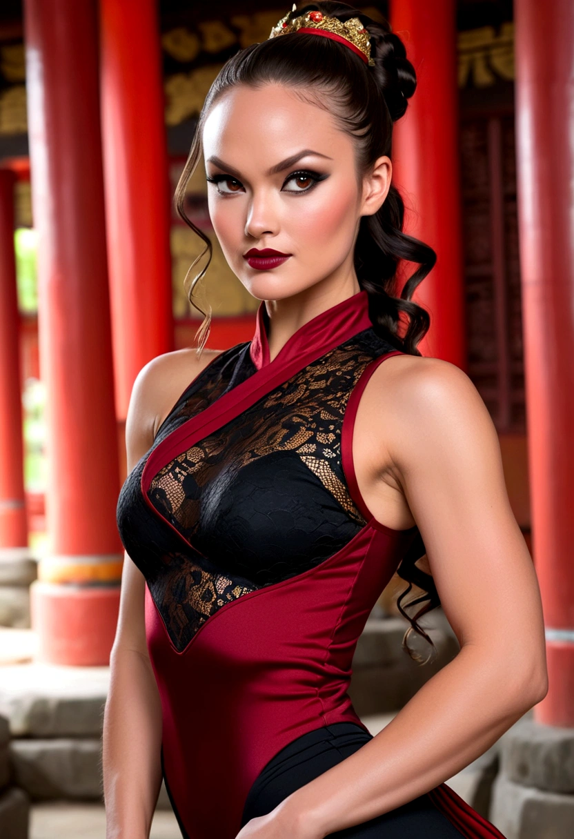 Tori Black asian ninja warrior, ringlets wavy five feet long black hair, updo hairstyle with ponytail on one side and long hairpins for the bun, dark red glossy lips, heavy black eye shadow long black eyeliner, long sharp nails, black lace beautiful and creative sleeveless ninja warrior bodysuit, forehead lace ornament, posing in a Shaolin temple interior, happy expression dark ambience. No faces on her chest!