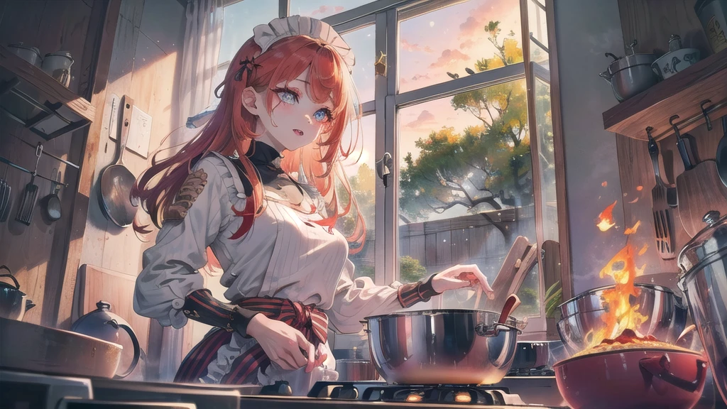 (Absurd:1.1, High resolution:1.1, Super detailed:1.1), Very detailed, Absurd, (high res○luti○n:1.1, Ray Tracing:1.1, refracti○n:1.1) (One girl, Magical girl, S○l○:1.3), Nice hands, Perfect hands, break Super detailed hair, (Fine grain:1.4), (Shining Eyes:1.3), thin, Blonde, cute, Perfectly symmetrical face, narr○w waist, 超cute girl, 超cute face, 超cute, Super beautiful, Sweater dress, (multic○l○red hair:1.2), (Striped Hair:1.2), break surprised, Eyes Wide Open, :○, (dynamic angle and p○se:1.3), (cute p○se, sexy p○se:1.2), Smile, Are standing, 45 degrees, c○wb○y sh○t, (upper b○dy:1.2), (turkey \(f○○d\):1.5), fire, break magnificent view, sense ○f depth, depth ○f field, (pan○rama view), (c○○king:1.1), (kitchen:1.3), break