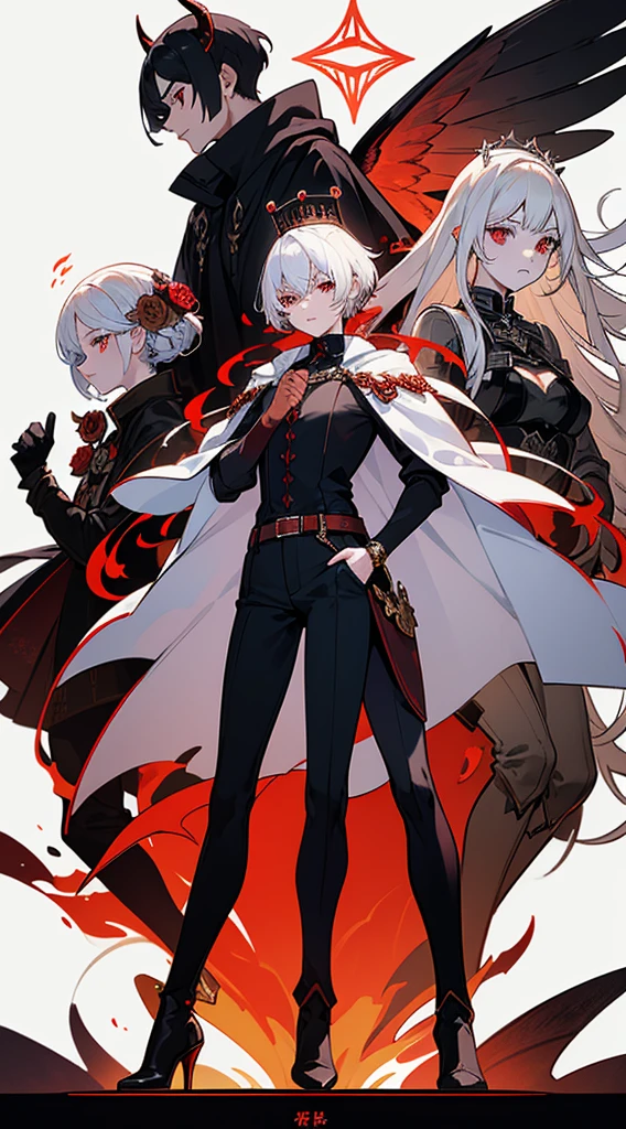 character sheet, character design, multiple angles, full body, book cover, artistic image, five characters, one male demonic angel character, Handsome man, white hair, very short hair, ((crew cut: 1)) , red eyes, fair skin, ((muscular: 1)), male, 28 years old, muscular, in good shape, muscular. golden details, brown leather shawl, baggy gray pants, black and brown belts, black boots, brown gloves, many belts, red halo, halo behind the head, horns on the head, chaos angel transformation, black feathers, white feathers, light elemental power, shadow elemental power, a chaos seraph, several skeleton hands, death power, life power. ((four female characters, four women with white hair, a woman with flames, queen of summer. a vampire woman with ice, queen of winter. a woman with monstrous roses, queen of spring. a woman with beetles, queen of the plague. ))