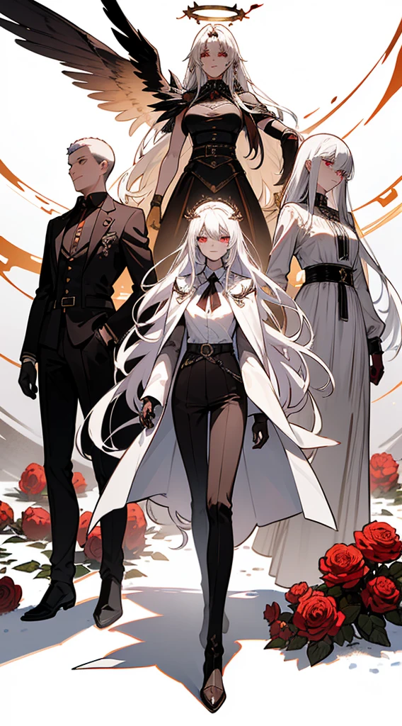 character sheet, character design, multiple angles, full body, book cover, artistic image, five characters, one male demonic angel character, Handsome man, white hair, very short hair, ((crew cut: 1)) , red eyes, fair skin, ((muscular: 1)), male, 28 years old, muscular, in good shape, muscular. golden details, brown leather shawl, baggy gray pants, black and brown belts, black boots, brown gloves, many belts, red halo, halo behind the head, horns on the head, chaos angel transformation, black feathers, white feathers, light elemental power, shadow elemental power, a chaos seraph, several skeleton hands, death power, life power. ((four female characters, four women with white hair, (a woman with flames, long hair, queen of summer). (a vampire woman with ice, very long hair, queen of winter). (a woman with monstrous roses, hair andilado, queen of spring). (a woman with beetles, Cleopatra-style hair, queen of the plague.))
