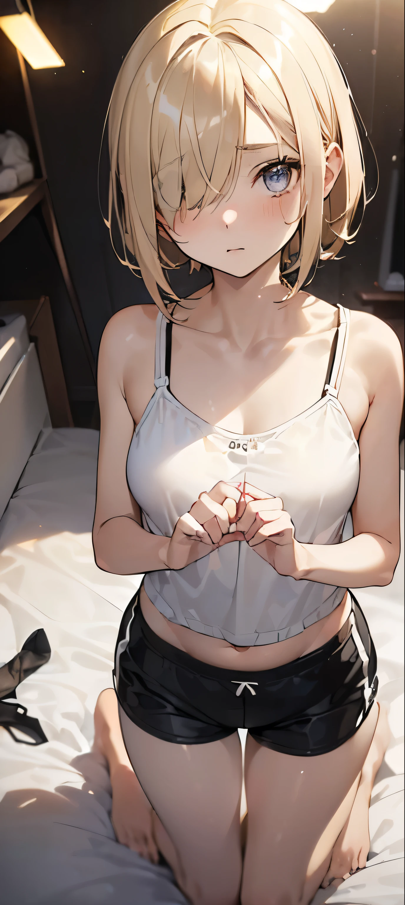 ①morning,(lighting forward:1.9) .
②:Highest quality, Anime Moe Art Style,最高のアニメ8Kこなちゃんの壁紙,pixiv Contest Winner,Perfect Anatomy, Very detailed,High resolution,Very detailed肌, Professional Lighting,8K ,
③:(One Girl:1.5),(loli:1.2),(alone,13 years old:1.8),high school student, (short hair:1.3), (straight hair:1.6),(normal breasts),(hair over one eye:1.8),(light blonde hair:1.8),Complete limbs,Full Finger, blue red gradation eyes, hairpin, beautiful detailed eyes, (pale skin:1.5),tareme,sparkling pupils,
④:shoot from above,(close up:1.5),
⑤:camisole,(white bra),(black sports shorts:1.5),(Tying with a string),(barefoot:1.5),
⑥:bed,on stomach, (lying)
⑦:(indoor),(Cute Girl's Room:1.4),(Instagrammable fashion photo corner:1.2),(unique framed statement mirror:1.4),
(fashion runway style rug:1.2),(Customized closet filled with trendy clothes:1.2),(Fashion Magazines:1.2),
(Cute decoration:1.4),(chic lighting fixtures:1.4),(Specialized area for fashion accessories:1.3),(高级饰品:1.2),(Plenty of storage for shoes and accessories:1.2),(bed:1.5)