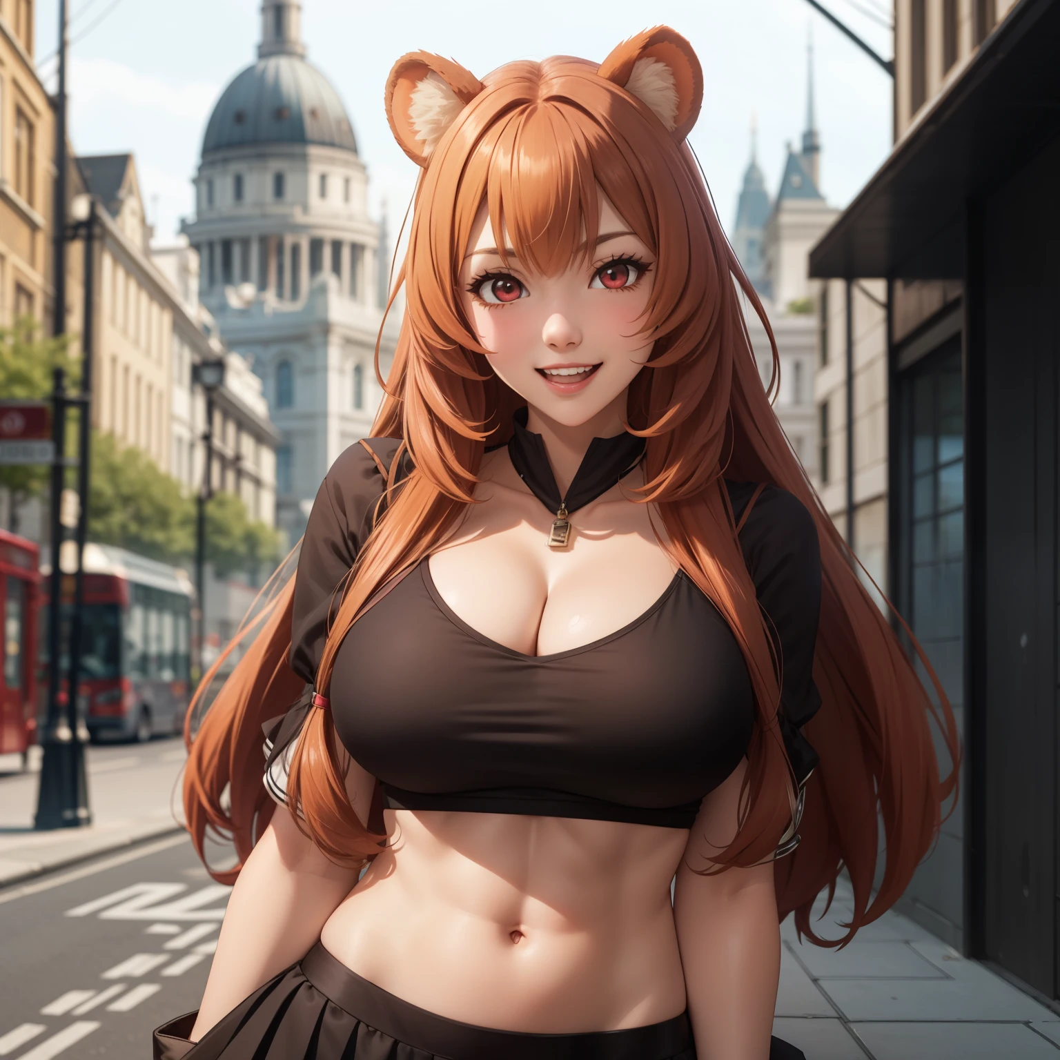 Raphtalia woman 35 years old straight orange hair , round bear ears, red eyes like ruby.,  big breasts, huge breasts. happy smile,  low cut black top, tops negro, short white skirt, London streets background.