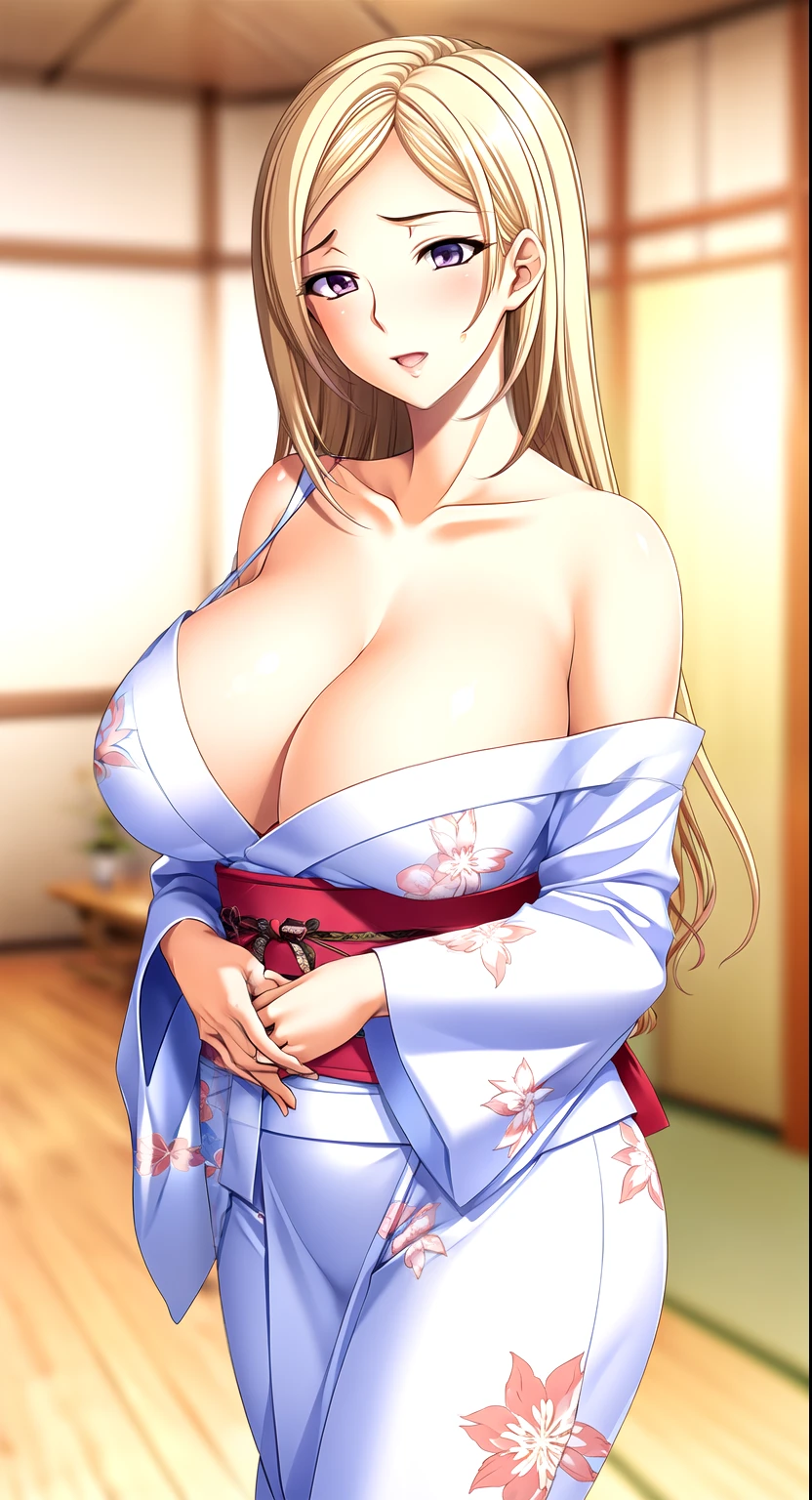 Japanese kimono with floral pattern，Off-shoulder,1 girl,20 years old,large Chest, Young women,Fair Finger,Fair long legs,Fair Body,Fair Nose,Fair character design, Perfect eyes, perfect Face,Expressive eyes, Looking at the audience,(lead_Body),(Focus on her Face), Official Art,Extremely detailed CG unity 8k wallpaper, Perfect Lighting,rich and colorful, bright_front_Face_Light,發Light的皮膚, (masterpiece:1.0),(the best_quality:1.0), Ultra-high resolution,4K,Very detailed, photography, 8K, Human Development Report, high resolution, absurd:1.2, Kodak Portrait 400, Film Grain, Blurred background, Bokeh:1.2, 鏡頭Light暈, (Energetic_color:1.2) (Fair,Target_Chest:1.2), (Fair_Face:1.5),(narrow_waist)