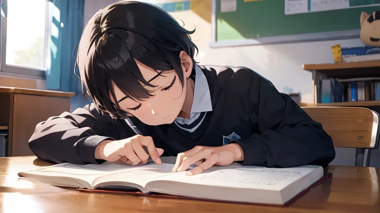Elementary school boys falling asleep while studying