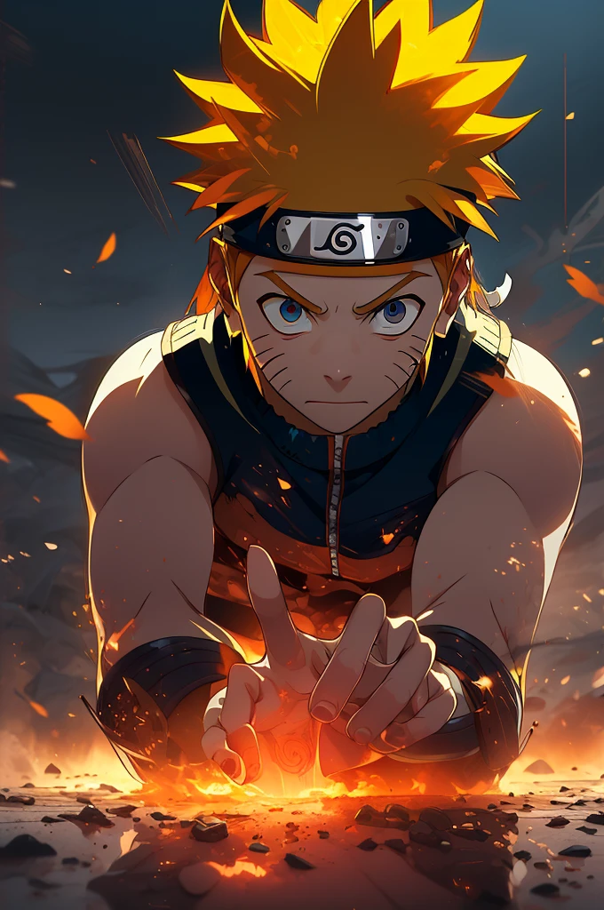 (best quality,4k,8k,highres,masterpiece:1.2),ultra-detailed,(realistic,photorealistic,photo-realistic:1.37),colorful,energetic,exciting,action-packed,heroic,Uzumaki Naruto,expressive and determined face,long spiky hair,fierce gaze,powerful aura,hand signs,flying kunai and shuriken,flashing lightning,surrounding smoke and debris,dynamic movements and fighting stances,dramatic lighting and shadows,dynamic perspective,bursting energy beams,clashing fire and water jutsus,flying leaves and sakura petals,ominous dark clouds and thunderbolts,hidden village emblem shining brightly on Naruto's forehead.