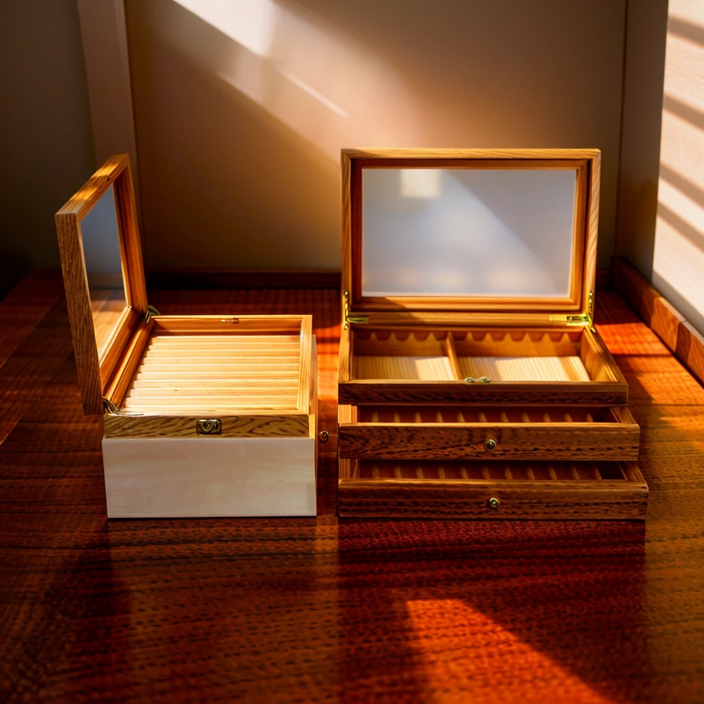 In this cozy room,A ray of sunlight shone through the half-drawn curtains on the table,Let the wood grain on the watch storage box shine with a faint luster。There was a calm and peaceful atmosphere in the air around them。There are several still lifes hanging on the walls of the room,It adds a touch of elegance to the space。And on the other side of the room,The half-open window lets in the breeze,The pages on the small desk by the window turned in the wind,This quiet scene gives a sense of tranquility and comfort。Soft sunlight falls on the box,Make its surface appear faintly shadowed。These shades make the texture of the box richer,More three-dimensional。The shadow of the box contrasts sharply with its surroundings,It also shows the delicacy and texture of the watch storage box。