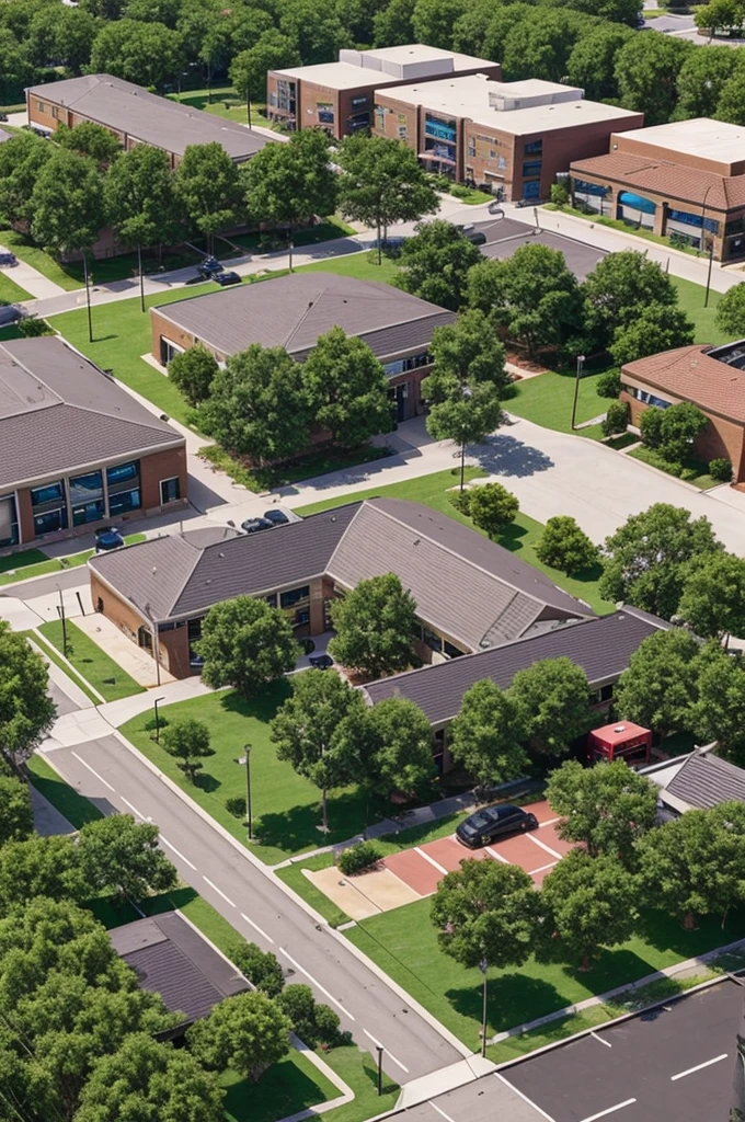 Help me generate an image of a neighborhood in 3D perspective that has several areas, as a cafeteria, a big park, gym, clothing store, recording studio, each area with its name