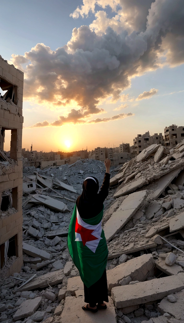 palestine flag, sunset, stars, Palestine earthquake, one little hijab girl from behind waving Palestine flag looking at rubble and destruction, somber, hope, Palestine flag, hijab, muslim