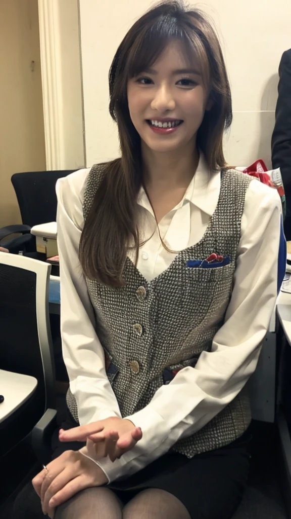 Ulchan-6500-v1.1, (RAW photo:1.2), (Photoreal), beautiful detailed girl, (genuine: 1.4), very detailed目と顔, beautiful and detailed eyes, Mr.々patterned vest、Busy office、sitting on a chair、(super realistic pantyhose:1.2), (high heels)、(Vests and skirts)、(very affectionate smile:1.2)、huge file size, High resolution, very detailed, highest quality, [masterpiece:1.6], enlightenment, very detailed, finely, highest quality, 8k wallpaper, movie lighting, 1 girl, 26 years old, perfect body shape, cute droopy eyes、beautiful big eyes、Super huge breasts，highest quality, 1 korean girl, eye shadow,  ((full body shot:1.3))、Pantyhose Focus、