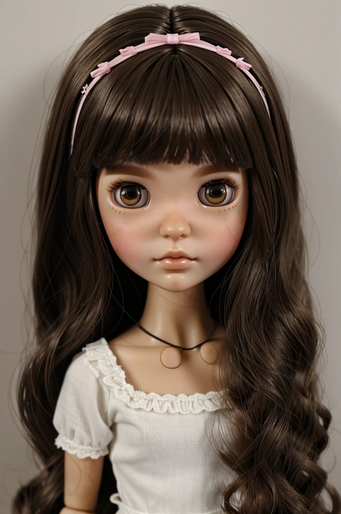 Blythe doll Girl with brunette skin Light brown wavy hair, dark black eyes, small mouth cupid's bow, medium nose, hair without bangs