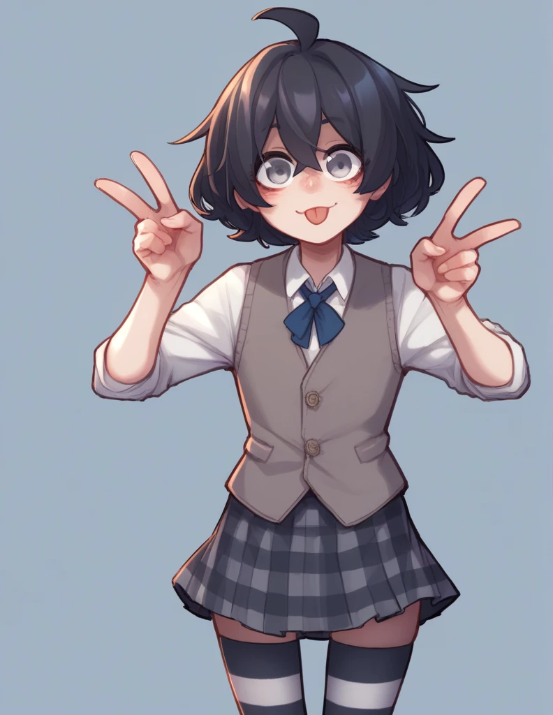 1 girl, alone, ppka, black fur, short hair, messy fur, Ahoge, parts, parts por todo el cuerpo, grey eyes, blind, cute smile looking at the viewer, taking out the rear, peace hands pose, Plaid mini skirt, night blue miniskirt, White jacket, grey vest, Thigh High Stockings, Striped tights, Pose linda, cute smile healed the tongue, tender look