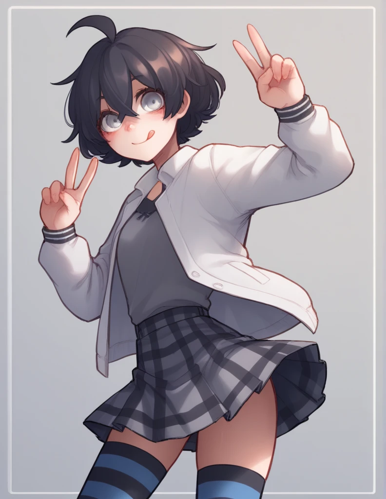 1 girl, alone, ppka, black fur, short hair, messy fur, Ahoge, parts, parts por todo el cuerpo, grey eyes, blind, cute smile looking at the viewer, taking out the rear, peace hands pose, Plaid mini skirt, night blue miniskirt, White jacket, grey vest, Thigh High Stockings, Striped tights, Pose linda, cute smile healed the tongue, tender look