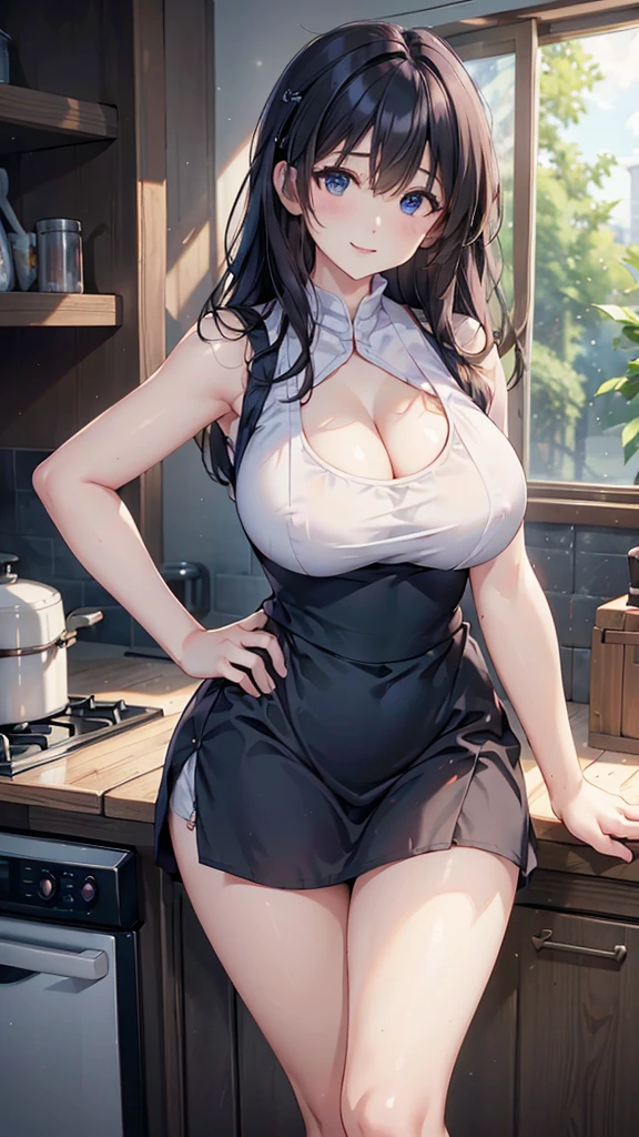 ((true))、(masterpiece、best quality)、Thermal (Mature woman)、woman standing in kitchen、Wearing a white sleeveless shirt、Wide hips、Wearing a black apron、(comb hair back)、Short skirt、Smile、For the audience、wardrobe、stove、window、blue eyes、black shiny hair，full，Large Breasts，cleavage，Big Ass