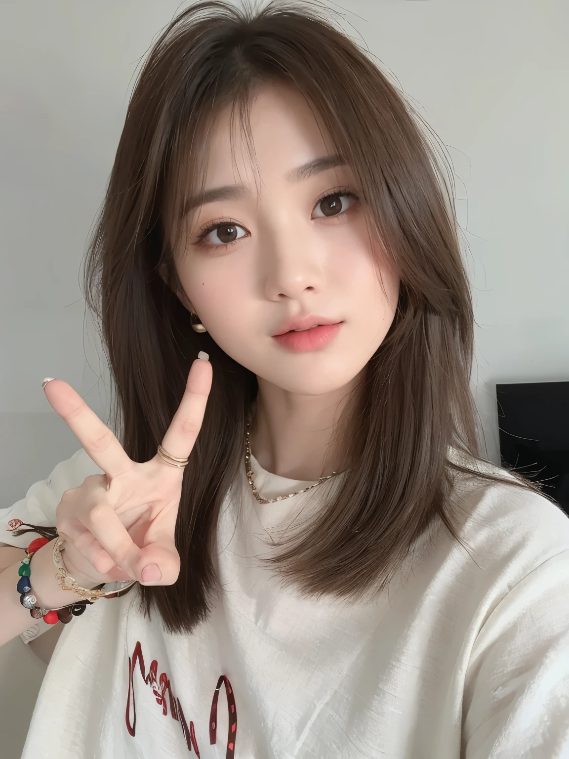 masterpiece，Best quality，A girl with cold brown collarbone hair，Facing the camera，Cool brown hair，High-level clavicle hair，A girl，Exquisite facial features，Middle parted bangs hairstyle，Straight Hair，22 years old，Chinese Girl，
