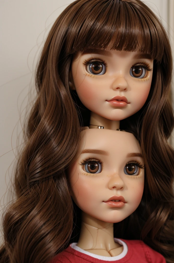 blythe doll with brown hair, brown eyes and lips red