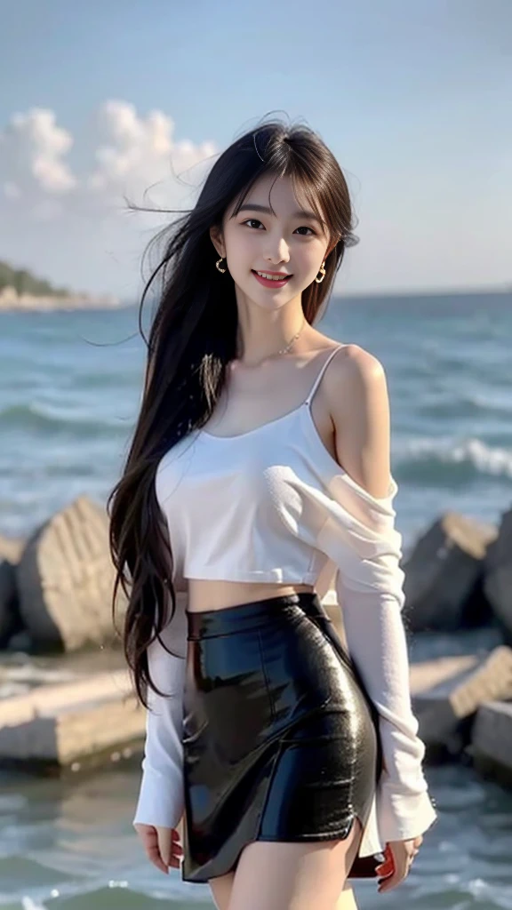 by the sea,There is a beauty that catches the eye。She has a slim figure,Wear a short skirt,Crop topping,Dance,It looks more elegant。In terms of appearance,She has long black and shiny hair,The skin is as fair as jade,The facial features are delicate and picturesque,Especially those big bright eyes,It seems to be able to see through people's hearts。She often has a smile on her lips,Exudes charming confidence and charm,Best quality,Face to face audience,