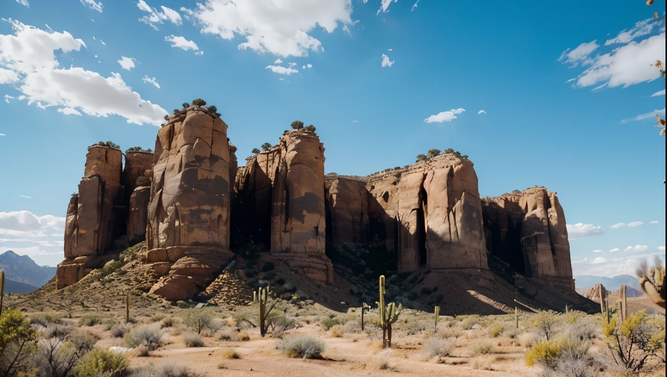 A serene desert landscape, a towering natural rock climbing wall in Utah, vertical rock formations surrounded by lush greenery and stones, a breathtaking blue sky with fluffy clouds, high contrast, vivid colors, (best quality,4k,8k,highres,masterpiece:1.2),ultra-detailed,(realistic,photorealistic,photo-realistic:1.37),landscape,outdoor,natural environment,rock climbing,Utah desert,vertical rock wall,trees,stones,blue sky,clouds,high contrast,vivid colors