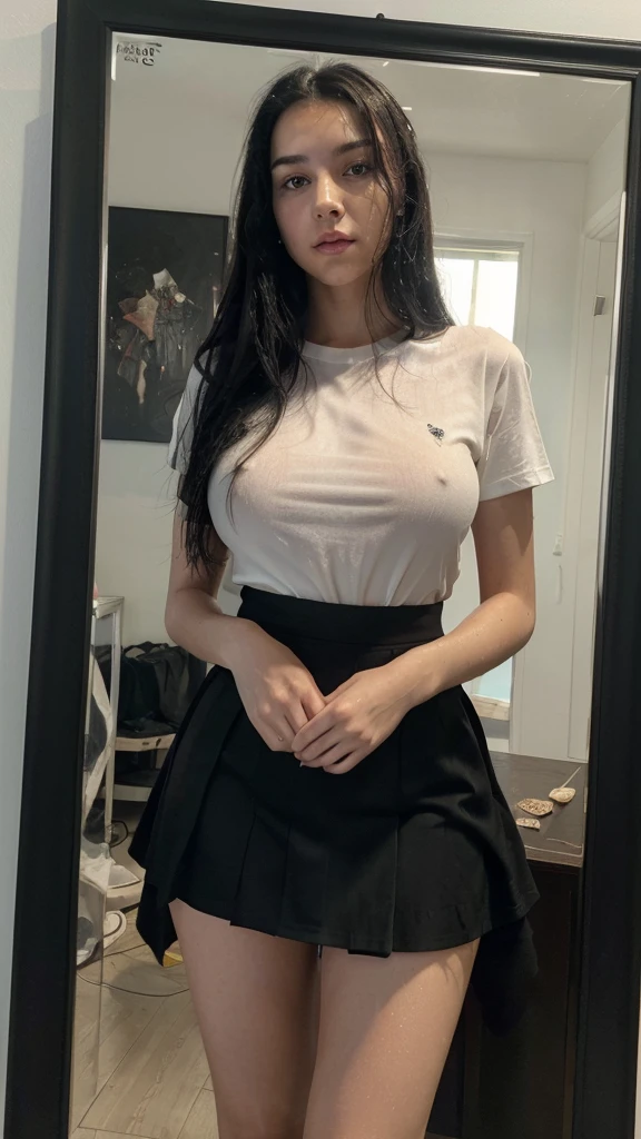 ((Best Quality)), ((Masterpiece)), ((realist)), ((Best Quality)), ((Masterpiece)), ((realist)), r in front of the mirror, White complexion long black hair, She wears a provocative shirt and skirt showing her underwear , scenic, Masterpiece, (high resolution), Original, extremely detalleed 8K , (photorealist:1.4),Perfect face, Perfect eyes,voluptuous body shape . WET BODY