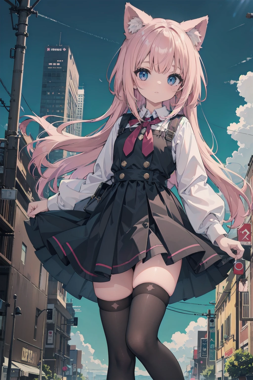 absurd, Absolute resolution, Incredibly absurd, excellent quality, Super Detail, Official Art, Unity 8k wallpaper is damaged. small, Cat, young  with Cat ears, Lovely, gaze, mini skirt ,Thighhighs