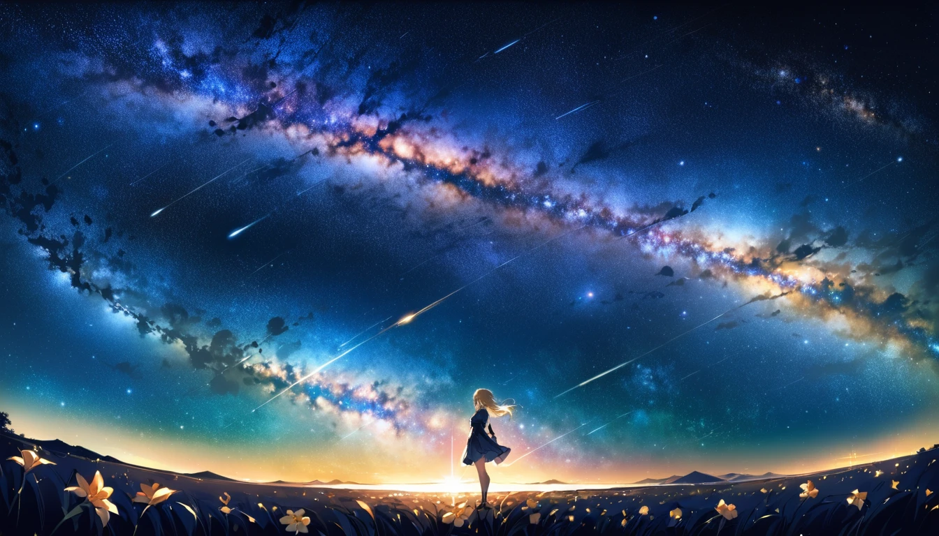 (highest quality、masterpiece)、One girl、Full Body Shot、Pause、particle、Wind、flower、blonde、Milky Way、5mStanding ahead、