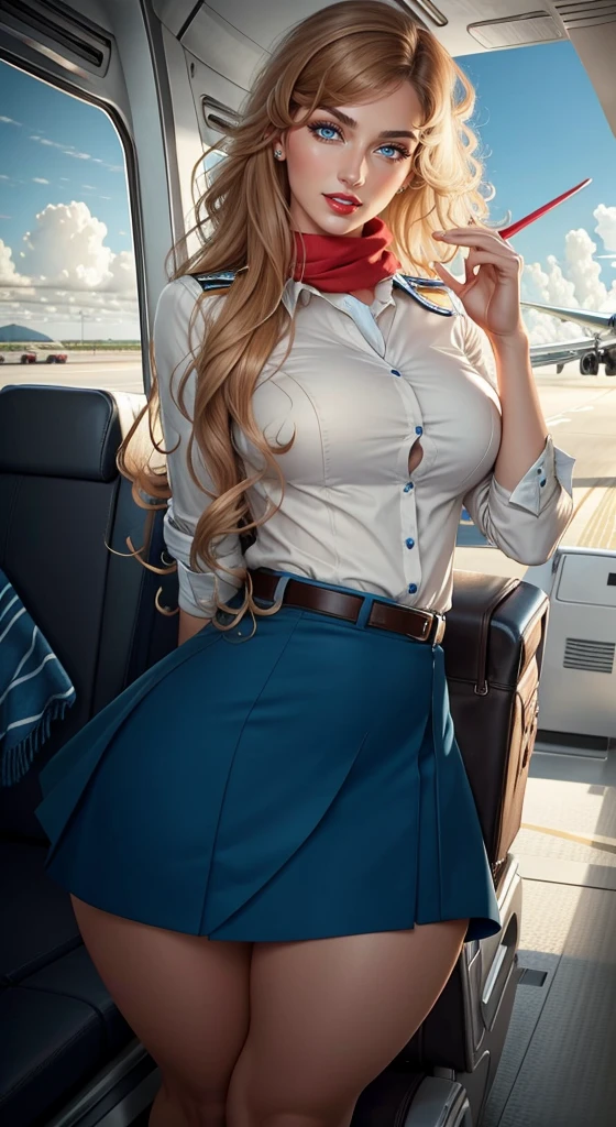 1girl, cowboy shot, beautiful slender flight attendant, (air hostess:1.2), tight skirt, nsfw, (cleavage:1.2), neck handkerchief , full lips, big clear eyes, beautiful long orange hair, shirt open, half smile, broad shoulders, small waist, wide hips, thigh gap, cameltoe, (intricate, highly detailed, 8K, masterpiece), soft tones, inside plane, blurry background, depth of field, bokeh, <lora:skirtlift-v1:1>