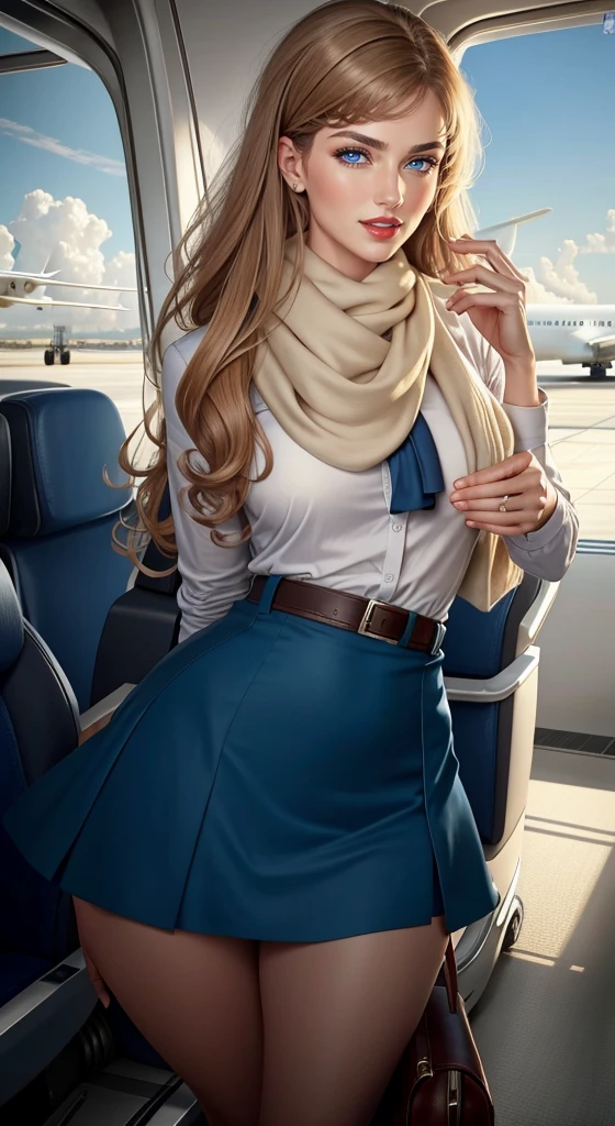 Detailed woman face looking at camera,Airline stewardess,Airline stewardess,Blue tight skirt,(Wear a scarf:1.3),uniform,Brown curly hair,Bangs, blue eyes, Hot red lips, Sexy open mouth, Correction of deformed fingers, Reality, Sharp eyes, (((Eyes looking at camera))) Smile