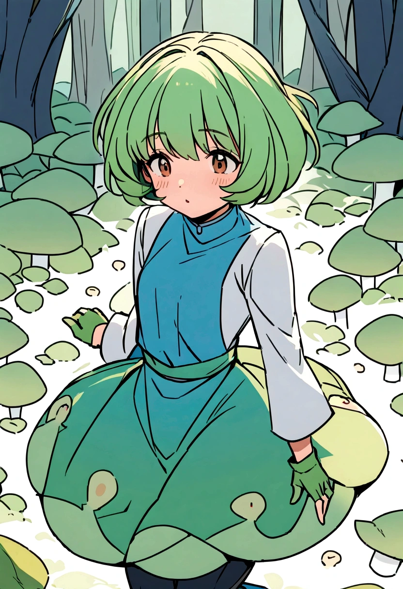 Nausicaa,One girl,
green_dress,length_sleeve,
green gloves,
spats,
knees_boots,
whole body,
Fungi_forest,