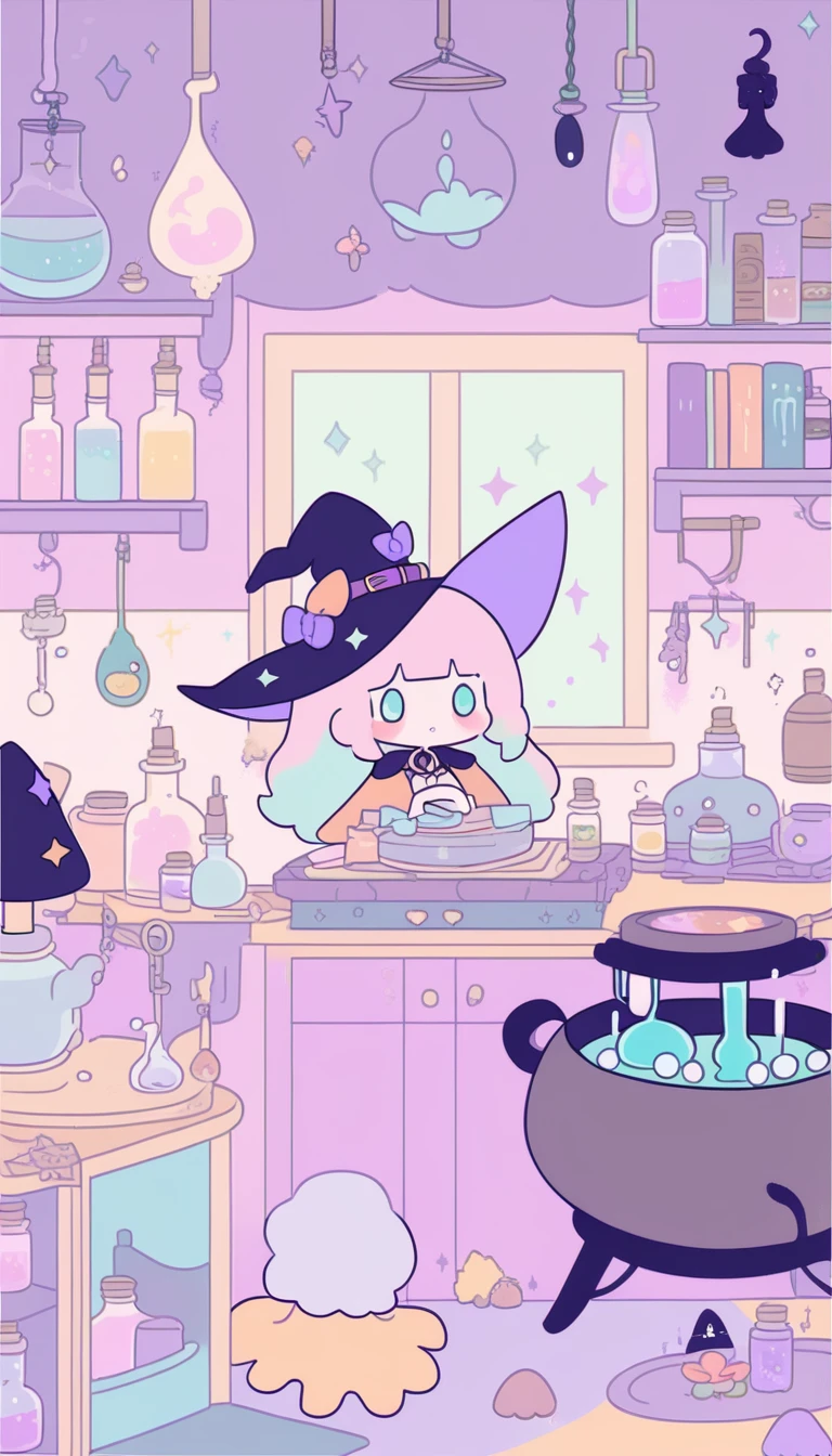 cute, witchy, kitchen, with bubbling cauldron, light colors, pastel colors, potions, books, magical mushrooms