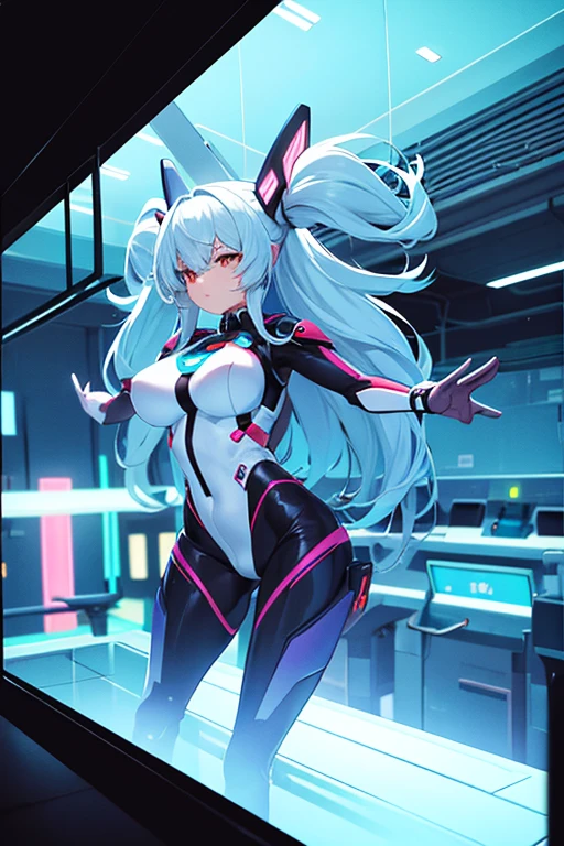Kizi, Linda, wearing semi-transparent combat suit (fully body) provocative bodysuit, breasts big , defined body, anatomical correct, long hair, high-tech, in a spaceship corridor, best qualityer, 3d, anime styling