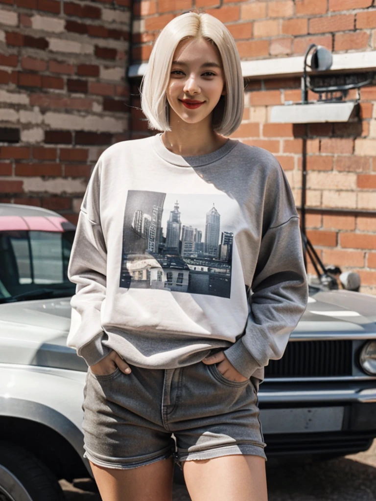 An enchanting, hot girl with the face of a professional model, extremely skinny (anorexia), with a sleek, asymmetrical bob dyed platinum blonde. She is a hip-hop artist, wearing a stylish, oversized graphic tee, biker shorts, and statement sneakers. She stands in an elegant pose, one hand in her pocket and the other holding a mic, her head slightly tilted with a confident smile. The background is a chic urban loft with exposed brick walls and large windows showcasing a cityscape.