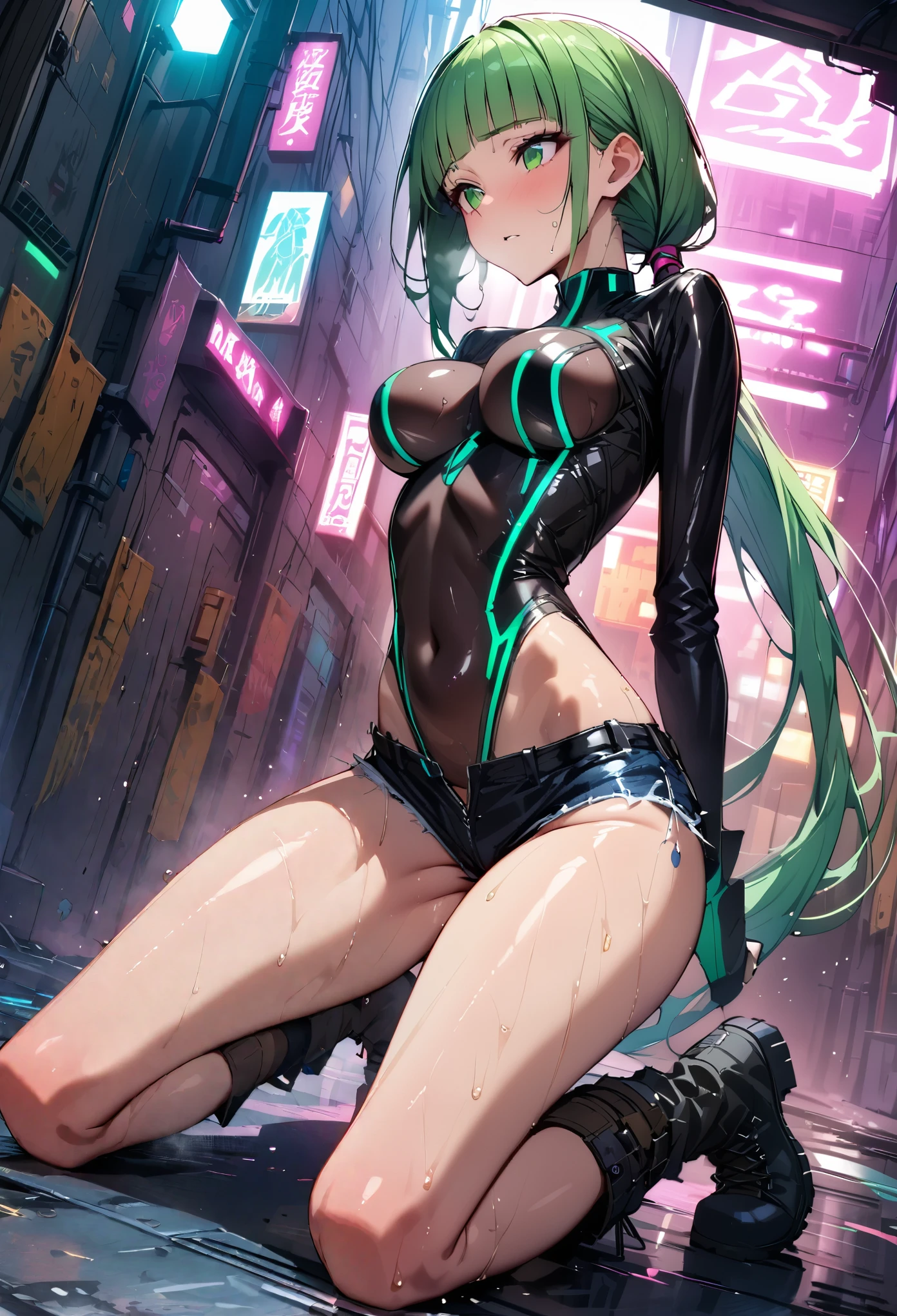 ((masterpiece,Highest quality:1.3)),cowboy shot,1woman,30 year old beauty,Investigator、独奏,((very small head:1.3)),green hair,(low ponytail),long hair,blunt bangs,green eyes,gorgeous eyes,shy,Heavy breathing、medium breasts,((very long body:1.2)),((toned body,slender body,skinny)),gleaming skin,shiny skin,((Black leather high leg bodysuit、Long sleeve,Micro Shorts))、barefoot、Black leather combat boots、Wet crotch、kneeling,Dark back alley、Metropolis、cyber punk、World of Blade Runner、