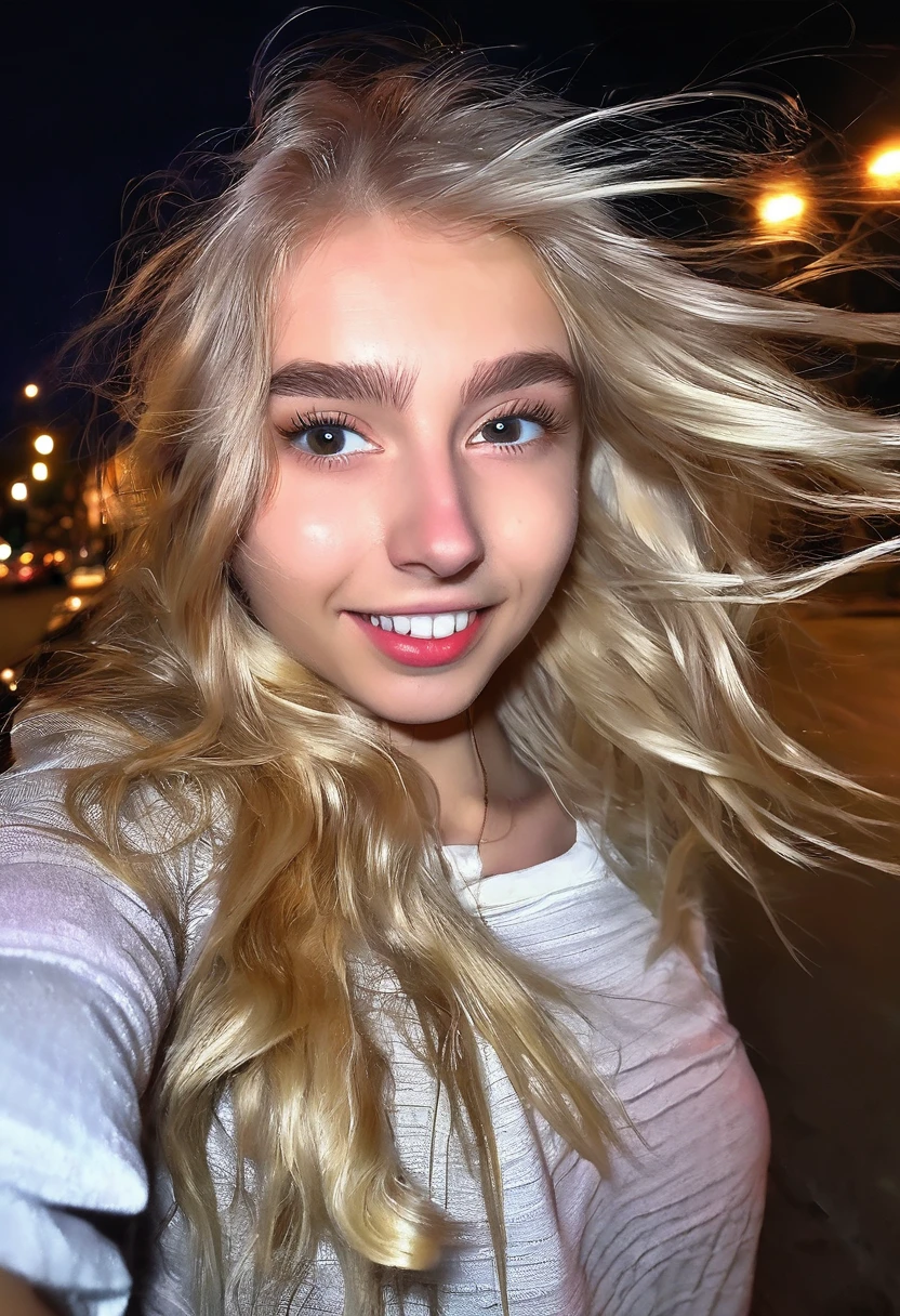 Cute blonde girl 19 years old, (((taking a selfie))), on the street, night, smiling, sexy hairstyle, sexy little blouse, (((hair in the face in the wind)))