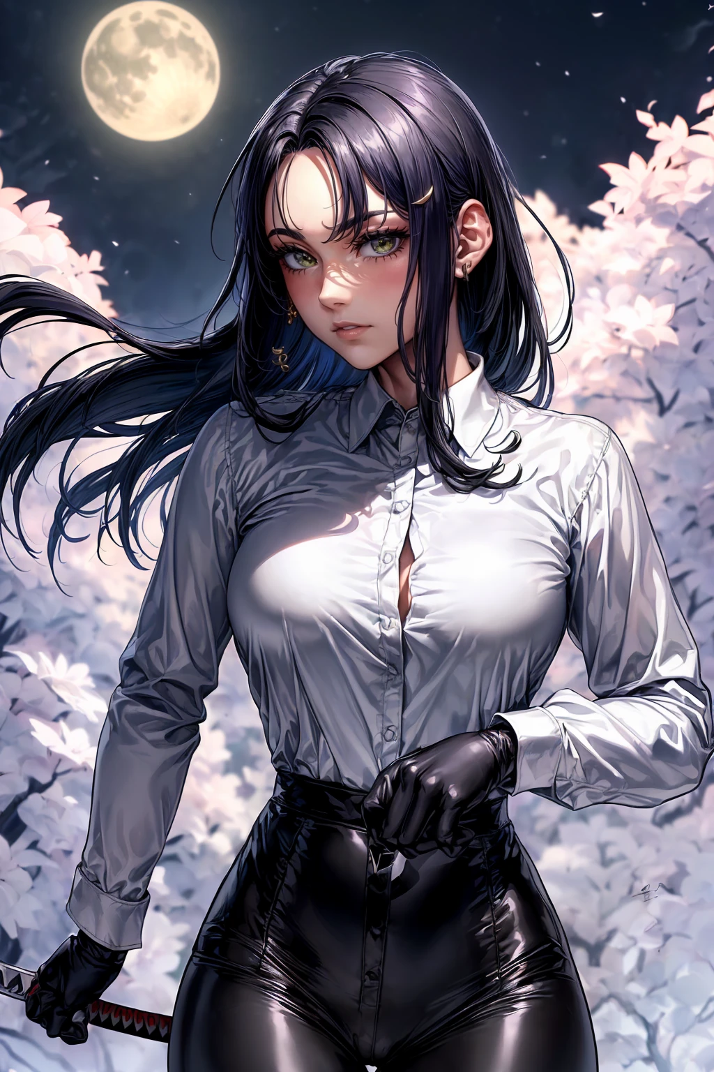 ((monsters looming:1.7、Woman fighting zombies))、((perfect anatomy,realist:1.3,raw photography:1.3,Masterpiece、of the highest quality、Ultra - high resolution、high resolution、Very detailed CG、8k)),cowboy shot,1 female,Alone,18 years、High school girl swordsman、18 yearsの美少女,Japanese,(((Beautiful face and detailed eyes:1.3,big and beautiful eyes:1.5,grey eyes,shy))),black fur, wide,(center parted hair,forehead),(big breasts, Skinny body,small head:1.3,Skinny),((Oily skin)),(glowing skin,shiny skin),(shiny black leggings、(white long sleeve collared shirt:1.4)、dynamic pose,Cut zombies with a sword、Fighting with Japanese swords、Accurately depicted Japanese sword、callejon、At night、Moonlight、SUCH、