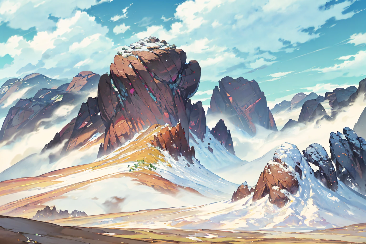 summer, brown rock area, brown rock formation, (illustration : 1.0), Narrative composition, realistic lighting, HD detail, masterpiece, best quality best, (Highly detailed CG integrated 8k wallpaper), wide and flat rocky area, A small, sharp, rough rock at the top of the screen.