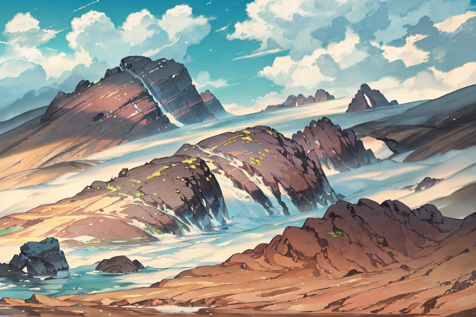 summer, brown rock area, brown rock formation, (illustration : 1.0), Narrative composition, realistic lighting, HD detail, masterpiece, best quality best, (Highly detailed CG integrated 8k wallpaper), wide and flat rocky area, A small, sharp, rough rock at the top of the screen.