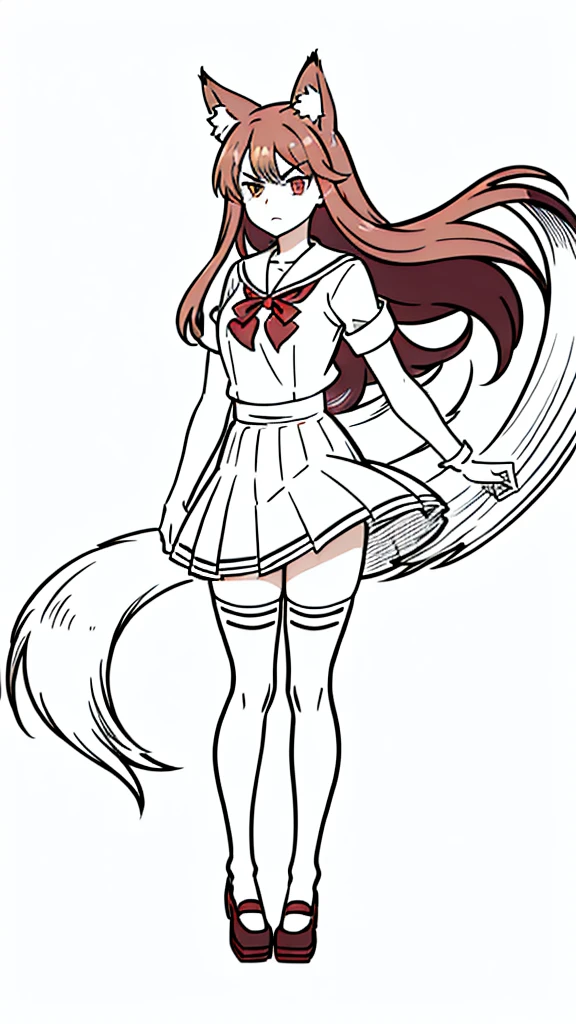 1girl ,20s,angry face,(red hair),long hair,fox ears,(white background, line drawing),serafuku, thighhighs,opper body