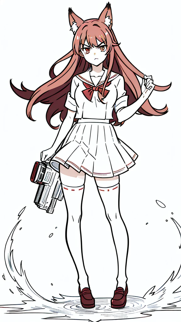 1girl ,20s,angry face,(red hair),long hair,fox ears,(white background, line drawing),serafuku, thighhighs,opper body