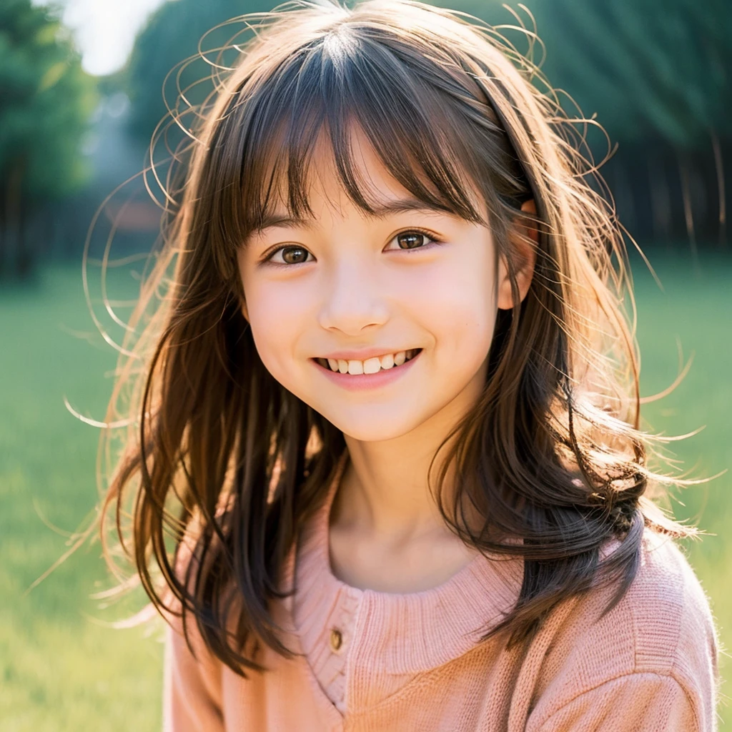 Create a portrait of a girl in the Ghibli style, Her expression should be soft and gentle, With a warm and kind smile. A combination of warm and cool colors is preferable for the background., Enhance a girl's hair. She should be wearing a blue lace dress with detailed embellishments., Adding elegance to her appearance. The overall atmosphere of the artwork is bright.、It should be attractive, Capture the girl's sweet and friendly demeanor. Draw the whole body"