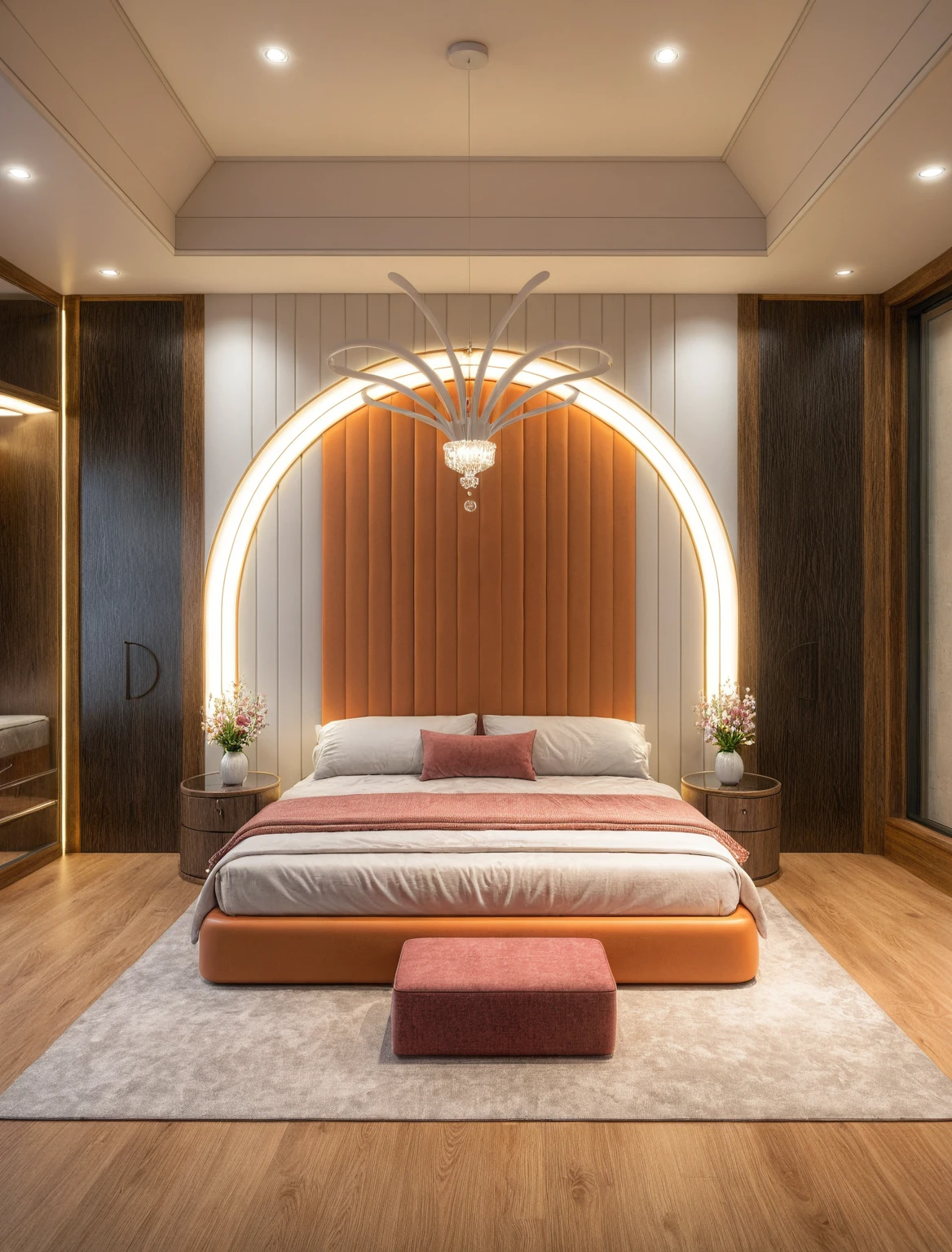 Raw photo,Masterpiece, high quality, best quality, authentic, super detail, interior, ((girl's bedroom)), (style colour block), sunset, day light, bed, carpet, curves, bedside cabinets, wood floor ,wardrobe, led, flower vase, butterfly chandelier , windows, downlight,