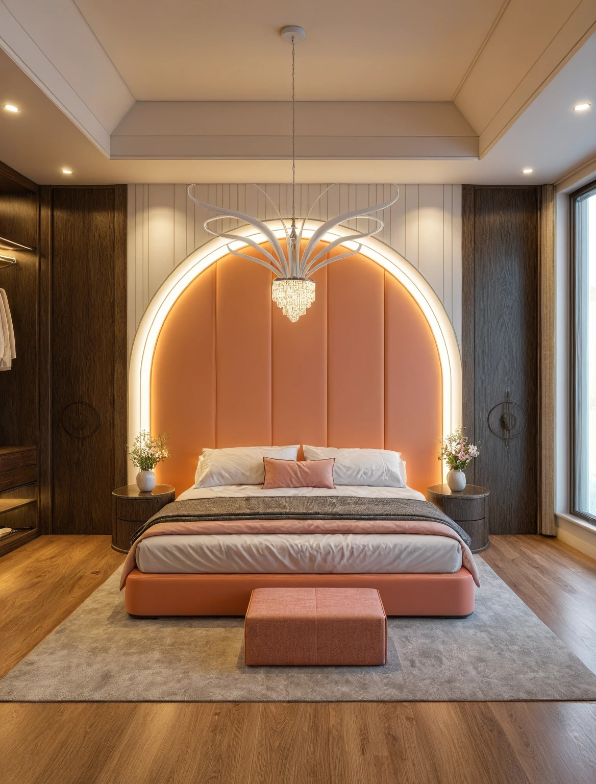 Raw photo,Masterpiece, high quality, best quality, authentic, super detail, interior, ((girl's bedroom)), (style colour block), sunset, day light, bed, carpet, curves, bedside cabinets, wood floor ,wardrobe, led, flower vase, butterfly chandelier , windows, downlight,