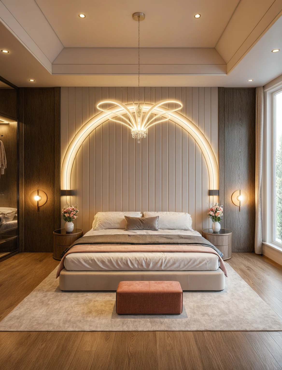 Raw photo,Masterpiece, high quality, best quality, authentic, super detail, interior, ((girl's bedroom)), (style colour block), sunset, day light, bed, carpet, curves, bedside cabinets, wood floor ,wardrobe, led, flower vase, butterfly chandelier , windows, downlight,