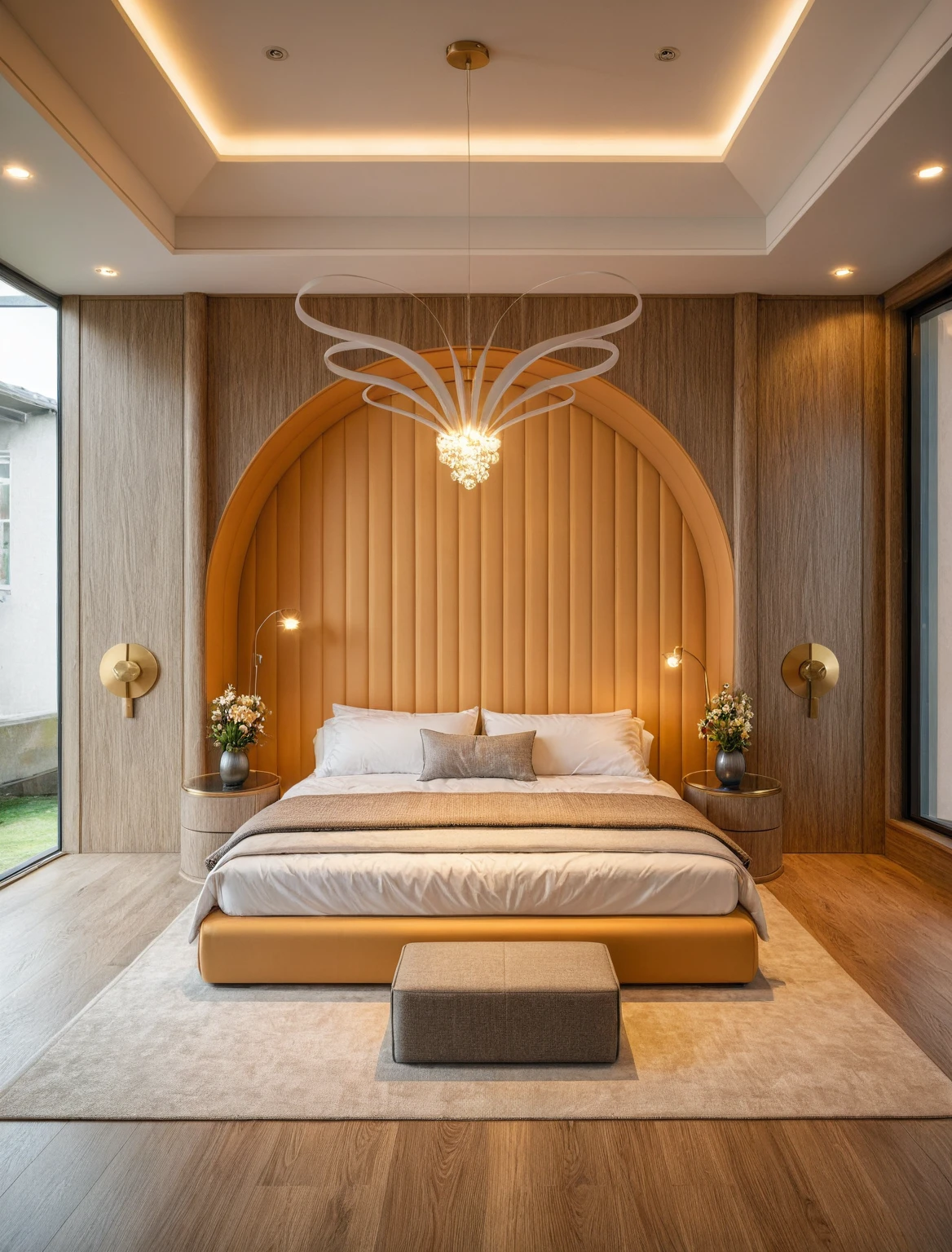 Raw photo,Masterpiece, high quality, best quality, authentic, super detail, interior, ((girl's bedroom)), (style colour block), sunset, day light, bed, carpet, curves, bedside cabinets, wood floor ,wardrobe, led, flower vase, butterfly chandelier , windows, downlight,