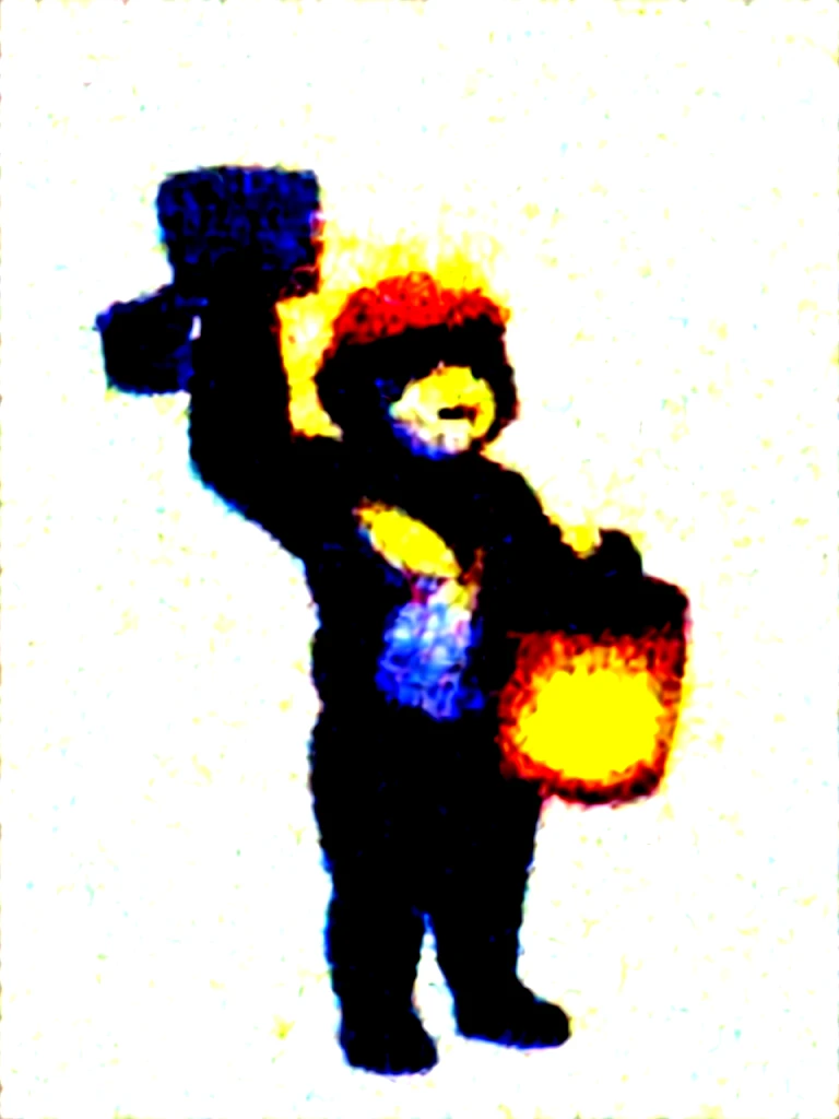 chubby, male, boy, small, bear, high res, furry, lantern, hammer, red helmet, chubby body, sparkles, thunder power, white fur, black fur in the chest, pretty, cute, man