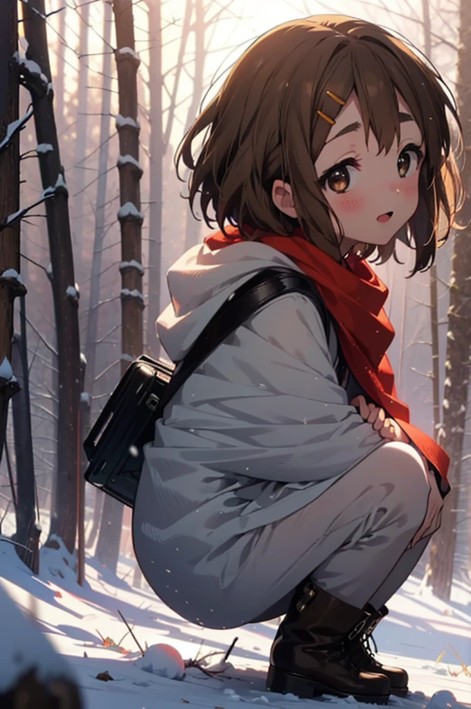 yuihirasawa, Yui Hirasawa, short hair, Brown Hair, hair ornaments, (Brown eyes:1.5), Hair Clip、smile,smile,blush,White Breath,
Open your mouth,snow,Ground bonfire,, Outdoor, boots, snowing, From the side, wood, suitcase, Cape, Blurred, , forest, White handbag, nature,  Squat, Mouth closed, Cape, winter, Written boundary depth, Black shoes, red Cape break looking at viewer, Upper Body, whole body, break Outdoor, forest, nature, break (masterpiece:1.2), Highest quality, High resolution, unity 8k wallpaper, (shape:0.8), (Beautiful and beautiful eyes:1.6), Highly detailed face, Perfect lighting, Extremely detailed CG, (Perfect hands, Perfect ???????),
