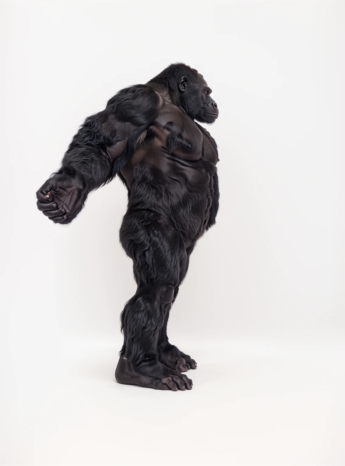 arafed gorilla standing on its hind legs with a white background, gorilla, distant full body view, bigfoot, big foot, full body wide shot, whole body highly detailed, like gorilla, sasquatch,muscular, strong body, full body profile, 1/2 view realistic, full body shot hyperdetailed, highly detailed full body, ( sasquatch, full body close-up shot